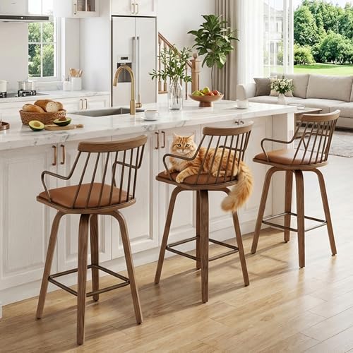 HNY Swivel Counter Height Bar Stools Set of 3, Brown Faux Leather Barstools With Back & Arm 26'' Modern Stools With Bentwood Frame, Bar Height Wood Stools for Kitchen Island