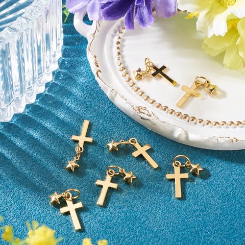 Image of 10Pcs 18K Gold Plated Cross Charms Brass Golden Crucifix with Star Pendants Permant Metal Jewelry Charms with Jump Ring for DIY Bracelet Necklace Earring Jewelry Making