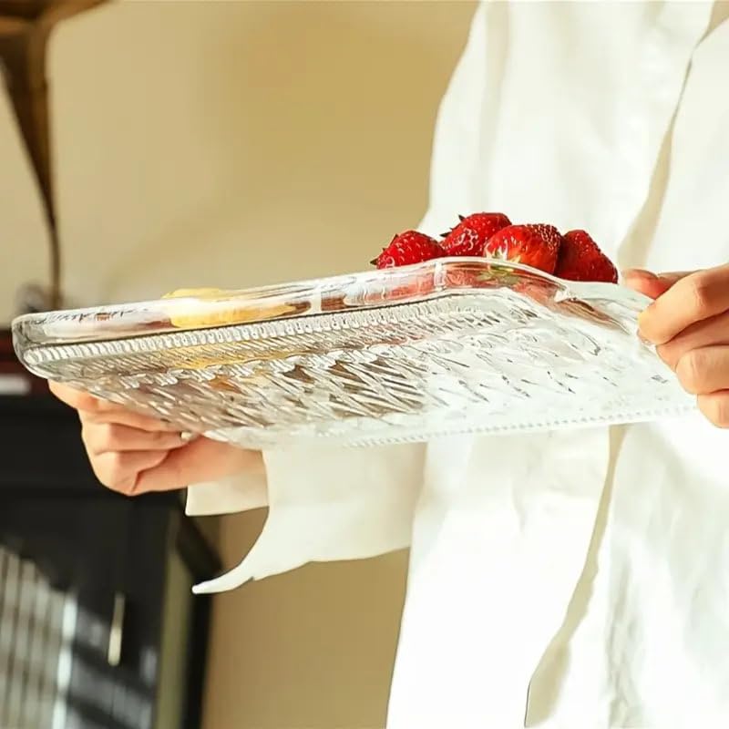 Image of Glass Serving Plate Set of 1 pcs Flower Decorative 16 inch Crystal Clear Glass Plate- Dry Fruits Sweets Chocolate Snack Plate for Dining,Catering Event,Parties,Wedding Dinner Plate