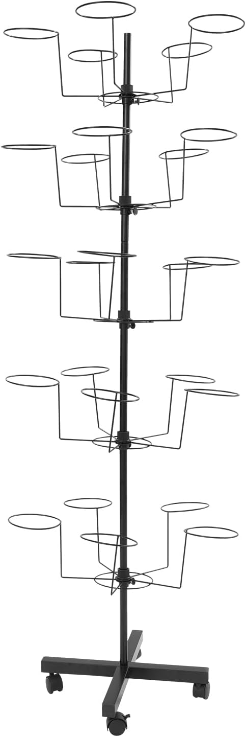 5-Tier Rotating Hat Display Stand, Free Standing Hat Rack Stand, Rolling Display Hat Stand with 25 Metal Hooks, Cap Organizer for Wig Cap Baseball Hats (Black)