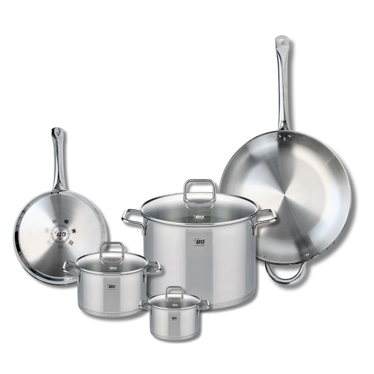 ELO 9506550 Kochgeschirr-Set, 5-teilig, 2 Bratpfannen 24 und 32 cm, 3 Kochtöpfe 12, 16 und 26 cm Elo Profi, Citrin, Edelstahl, Induktion