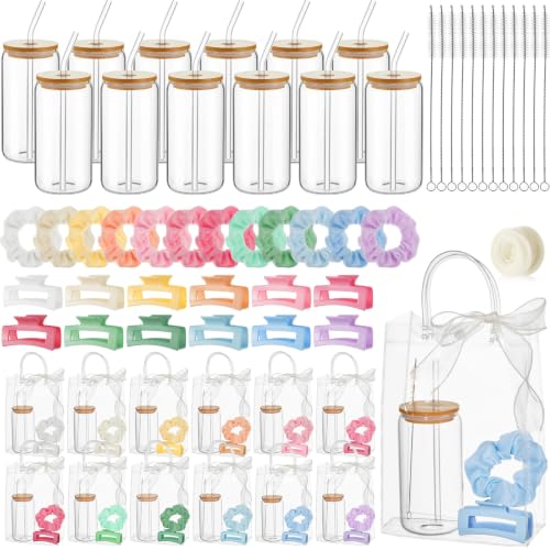 SiliFine 49 Pcs /12 Set Birthday Gifts for Girls, Frosted Macaron Birthday Gifts for Girls Party Supplies, 12 Glass Cups 12 Hair Bands 12 Hair Clip 12 Tote Bags 1 Ribbon Sleepover Slumber Party Favor