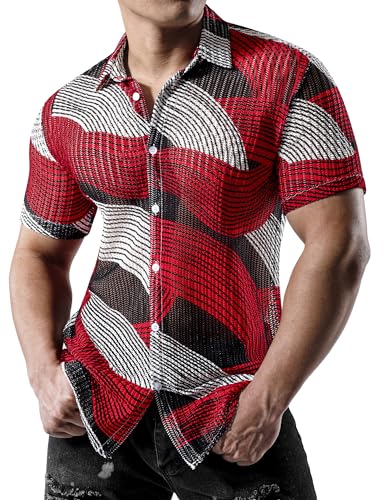 JOGAL Mens Mesh See Through Floral Shirts Stretch Wrinkle-Free Regular Fit Short Sleeve Casual Button Down Summer Shirts