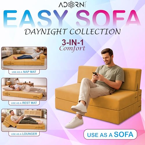Image of Adorn India Easy 4 Seater Sofa Cum Bed | Velvet Fabric | Yellow | Plain Design | 6x6 Ft | Comfortable Seating | Washable Cover | Perfect for Home & Office