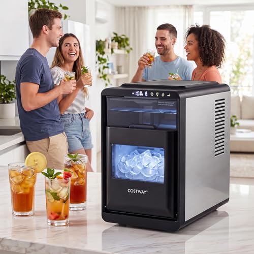 COSTWAY Crescent Ice Maker, 26 lbs/24H with 16 crescent ice cubes in 15 mins, self-cleaning, 11 levels of ice thickness, timer, shovel and basket for home office, party, bar, grey