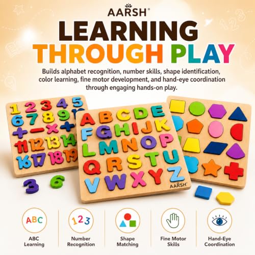 Image of 3 in 1 Wooden Educational Puzzle Board Toddler | ABCD Alphabet Number Shape Learning Toy | Kids 1-3 Years Montessori Skill Builder | Early Education Gift | Toddler Learning Activity | Multicolor