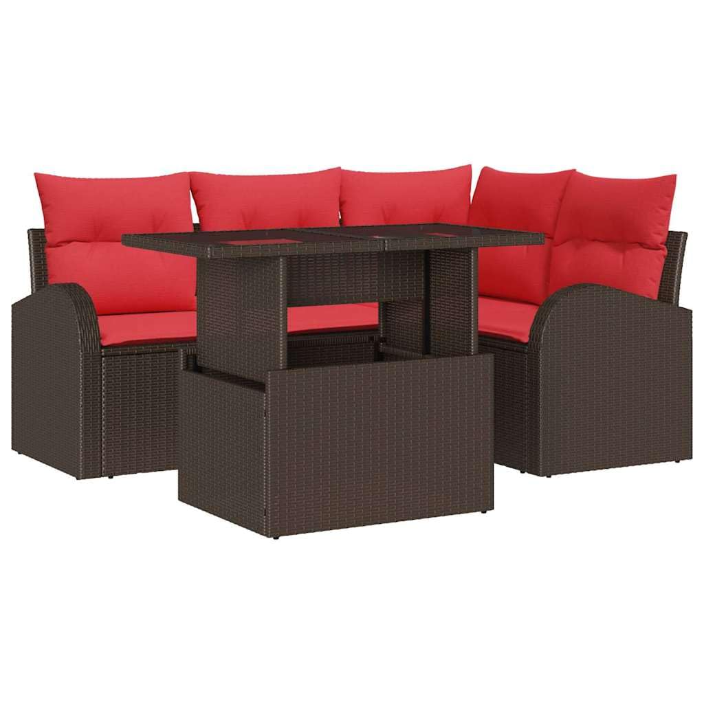 Juego de sofá de jardín de ratán de polirratán de 5 piezas – Conjunto de muebles de ratán modular con cojines y espacio de almacenamiento integrado para jardín, terraza y balcón, juego