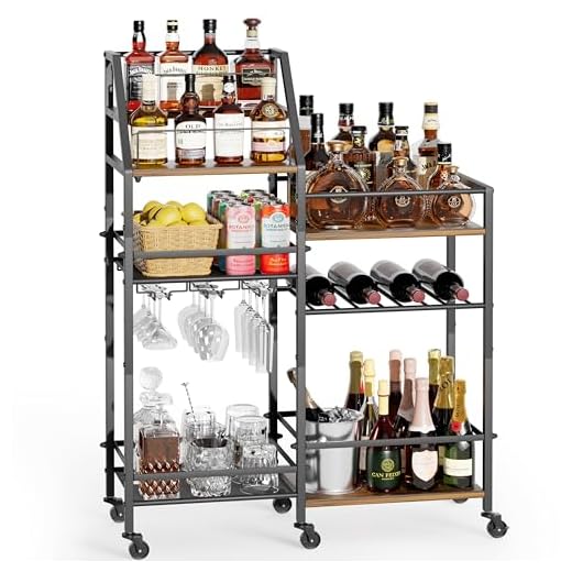 VINAEMO Rolling Bar Cart with Wine Glass Holder, Mini Bar for Whiskey Wine, Liquor Cart for Home, Alcohol Cabinet for Kitchen, Dining Room