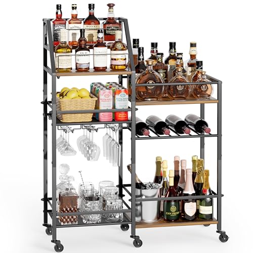 Image of VINAEMO Rolling Bar Cart with Wine Glass Holder, Bar Carts for The Home, Bar Stand for Home, Small Mini Bar for Whiskey Wine, Liquor Cart for Home Bar, Alcohol Cabinet for Bar, Kitchen, Dining Room