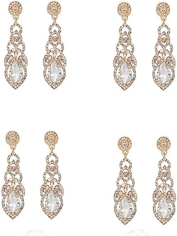 4 pcs Elegant Rhinestone Gold Wedding Bridal Teardrop Dangle Earrings Bling Crystal Chandelier Dangling Earrings for Women Brides