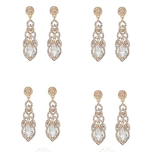 4 Pcs Elegant Rhinestone Gold Wedding Bridal Teardrop Dangle Earrings Bling Crystal Chandelier Dangling Earrings For Women Brides #TOP1