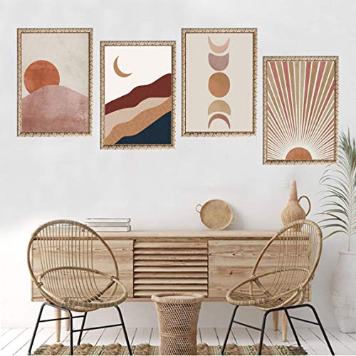 Fwk Sunset Sunrise Landscape Art Prints Modern Mid Century Geometric Decor Boho Sun And Moon Wall Art Painting Set Of 4 (8X10 Canvas Picture) Office Bedroom Kitchen Home Decor Unframed #TOP1