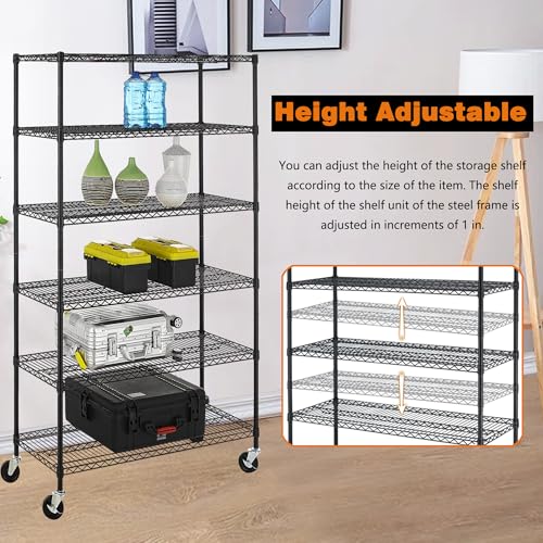 Image of BestOffice Storage Shelves 6 Tier Metal Shelves Adjustable Heavy Duty Garage Shelving Wire Shelving Unit Capacity 6000LBS with Wheels for Kitchen, Garage Pantry Closet Commercial,Black
