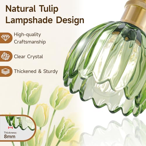 Image of 4 Light Vanity Lights for Bathroom, 27.2 in Brushed Brass Gold Bathroom Vanity Lights Over Mirror,Wall-Mounted Bath Room Lighting Fixtures with Green Tulip Glass Shade for Bedroom Living Room