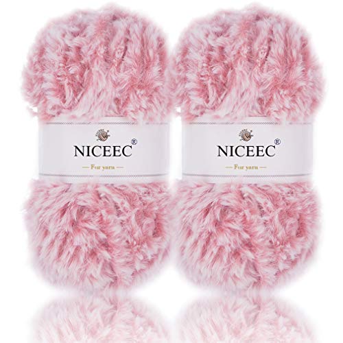 Image of NICEEC 2 Skeins Faux Fur Yarn Super Soft, Chunky & Fluffy, Eyelash Yarn for Crochet & Knitting (Total Length 70yds,3.53oz) - Peach Pink