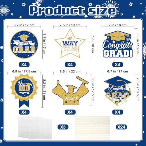 Image of 2026 Graduation Party Decorations - 24 Pcs Class of 2026 Congrats Grad Table Centerpieces Graduation Table Decorations Sticks Table Toppers for Graduation Party (Blue Gold)