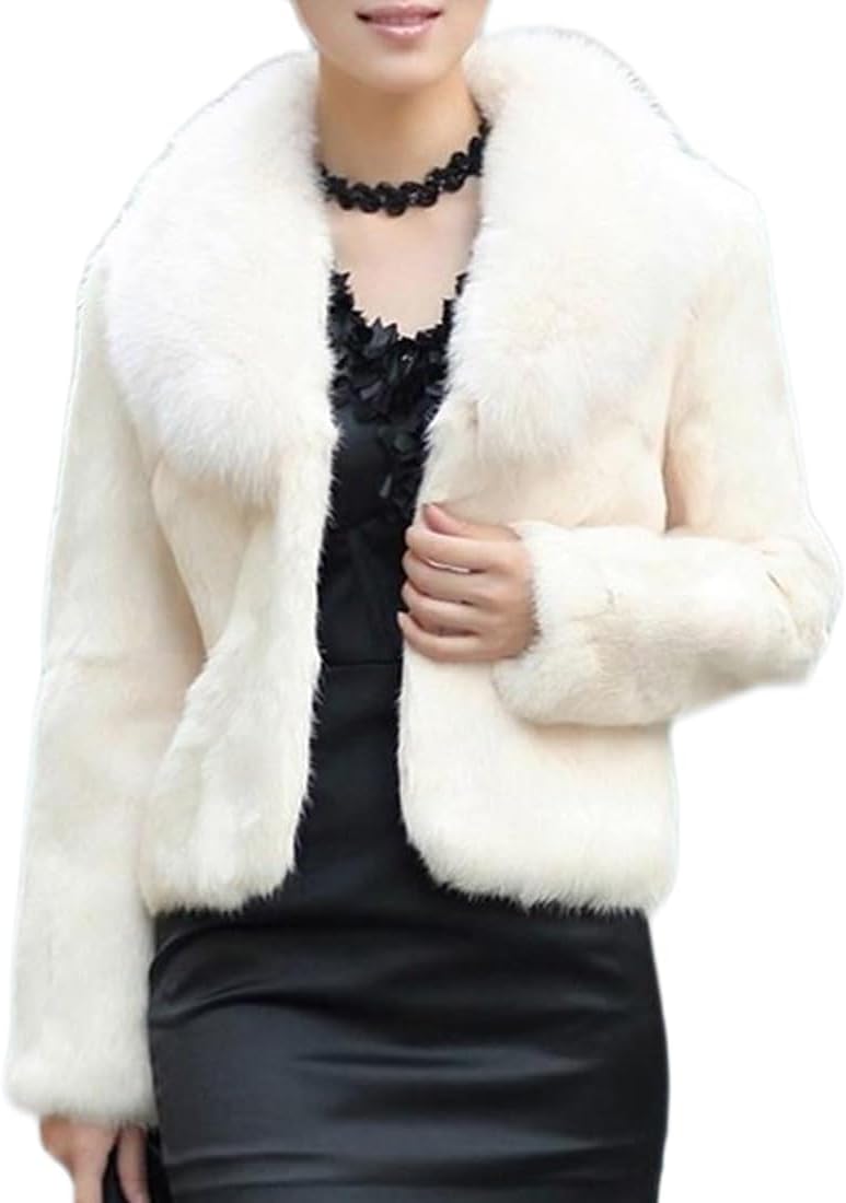 Helan Women's Short Slim Faux Fox Collar and Faux Rabbit Fur Coat