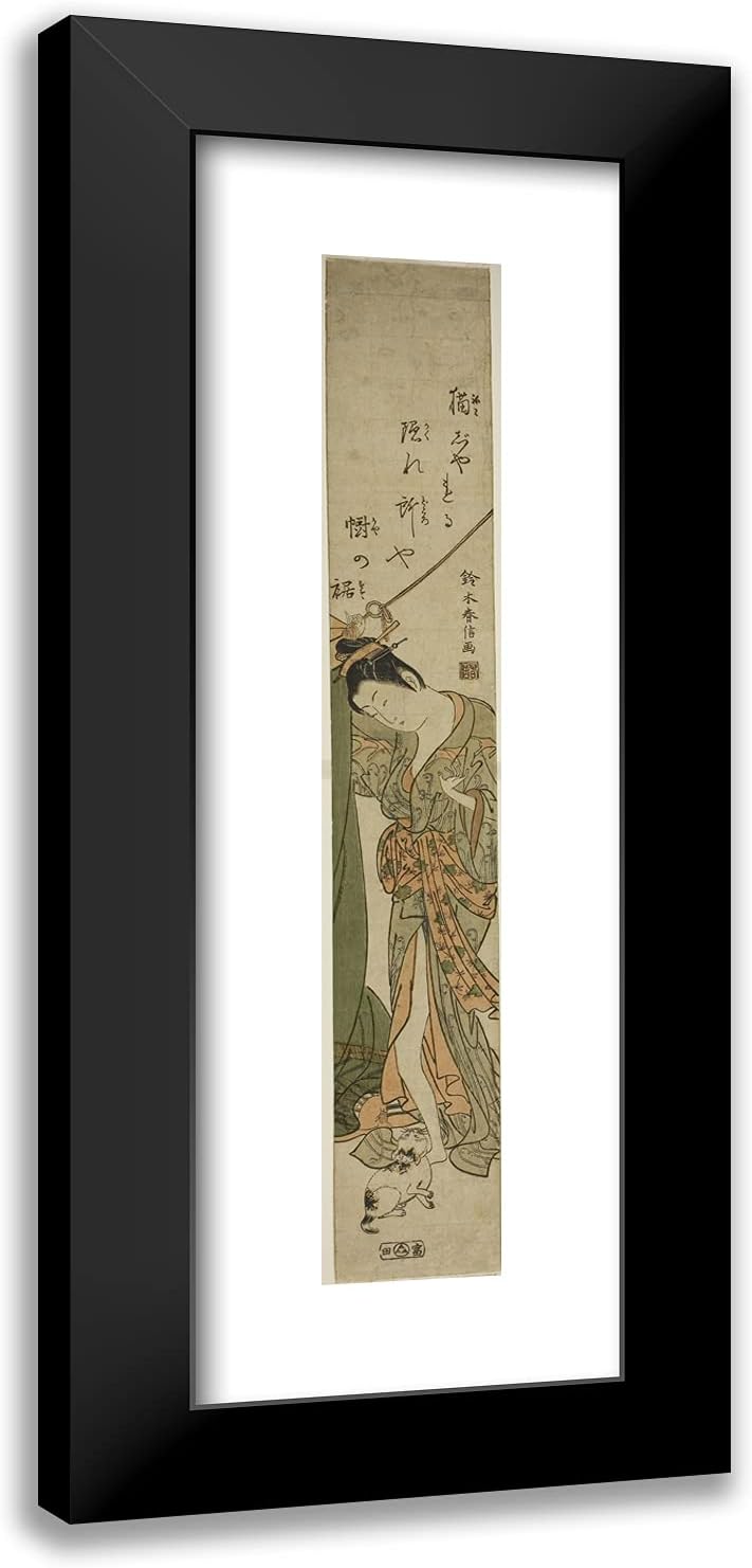 ArtDirect Suzuki Harunobu 11x24 Black Modern Framed and Double Matted Art Print Titled Beauty Looking Down at a Cat While Fixing a Mosquito Net