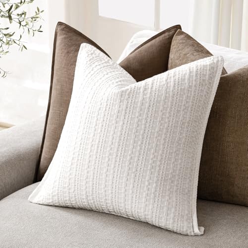 Image of Foindtower Set of 2 Decorative Cotton Waffle Weave Throw Pillow Covers Euro Shams Cushion Covers Accent European Pillowcase for Bed Couch Sofa Bedroom Living Room Home Decor 18x18 Inch Cream White