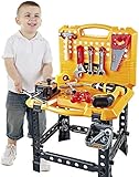Stabilität: Diese klassische Spielzeug-Werkbank besteht aus feinstem Kunststoff, dem ABS-Kunststoff, der unseren Spielzeugen eine bessere Nichtentflammbarkeit und hohe Steifigkeit verleiht, um Unstetigkeiten zu vermeiden, auch wenn sich Ihr Kind darauf stützt