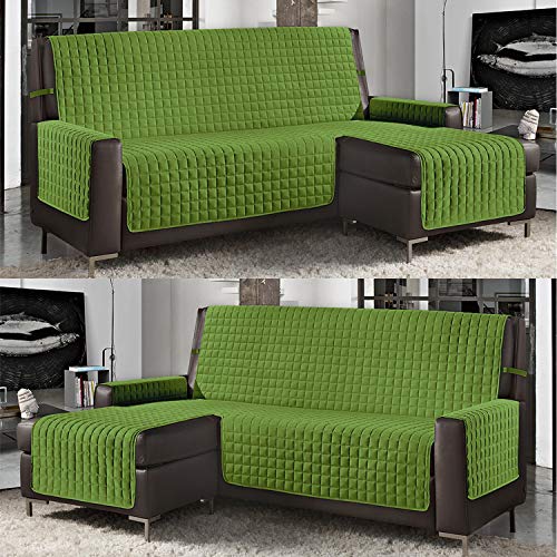 Banzaii Housse de Canapé d’Angle Réversible Matelassée avec Méridien Gauche/Droite - Protège Canapé Anti-Taches en Forme de L 3 Places 240 cm, Vert