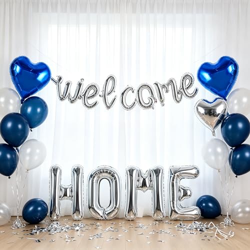 Image of TONIFUL 2 Size Silver Foil Welcome HOME Letter Balloons Banner Decorations