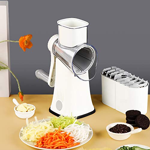 YHBRAK Rotary cheese grater with 5 different interchangeable blades vegetable cheese grater slicer with handle with non-slip suction cup base for kitchen for cheese, vegetables, fruits, white