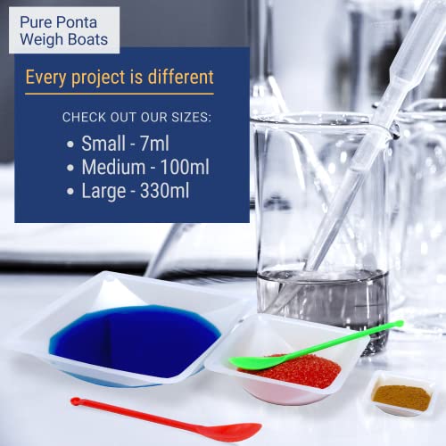 Pure Ponta Weigh Boats Medium - 125 Pack 100Ml Plastic Disposable Trays For Scale, Square Weighing Dishes For Powder Weight, Epoxy, Food Samples - Pour Boat Tray, Anti-Static Lab Dish Container #TOP5