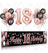 18th Birthday Decorations for Girls,BTZO Black Rose Gold Happy 18th Birthday Banner Birthday Ball...