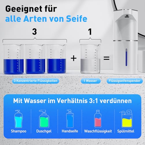 Fantictas Automatischer Seifenspender, berührungslos, Wandmontage, wiederaufladbar, 3-stufig Einstellbarer elektrischer Seifenspender 350ml mit Infrarot-Bewegungssensor für Badezimmer, Küche,Weiß 6