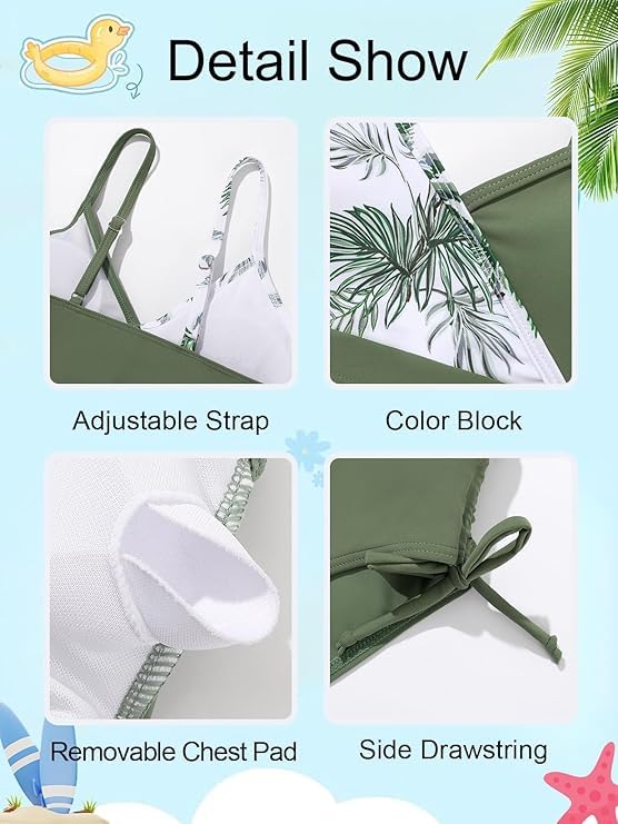 Image of Girls Swimsuit V Neck Bikini Set Color Block with Cover Up Skirt 3 Piece Bathing Suits Tween Swimwear 9-16 Years