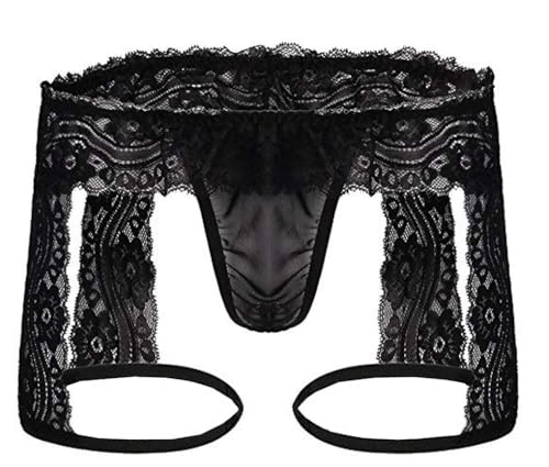 Men’s Lace Thong Lingerie, 3-Piece Garter Brief Underwear Set, Sexy Hollow Out Design with Floral Lace, Black2