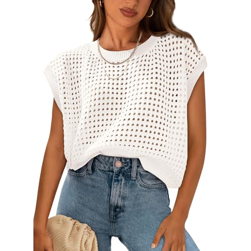 Crochet Cap Sleeve Tops for Women Beach Cover Ups Summer Sweater Crochet Vest Cute Pullover Spring Knit Tank Tops