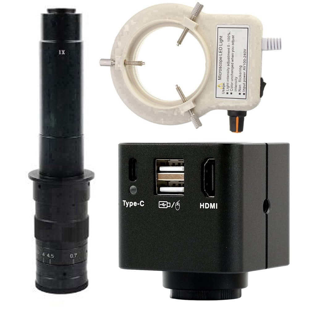 1080p HDMI Type-C PC Microscopio Industrial Medición de la cámara Regalización de video de disco U y lente de montura C 300x con luz de anillo ajustable 56-Negro
