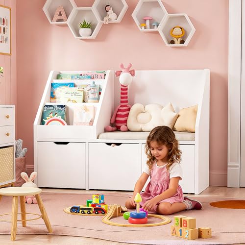 Image of Teckid 39.4'' Kids Bookshelf with Reading Nook, Toy Storage Organizer with Cushioned Bench, 3 Movable Drawers, Toddler Bookcase for Playroom Bedroom Nursery, White