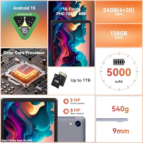 Image of URAO Tablet,10.1 inch Android 15 Tablet with Octa-core Processor 24GB RAM 128GB ROM HD IPS Touchscreen 8H Battery, Wi-Fi 6, BT 5.0, Dual Camera, Android Tablets