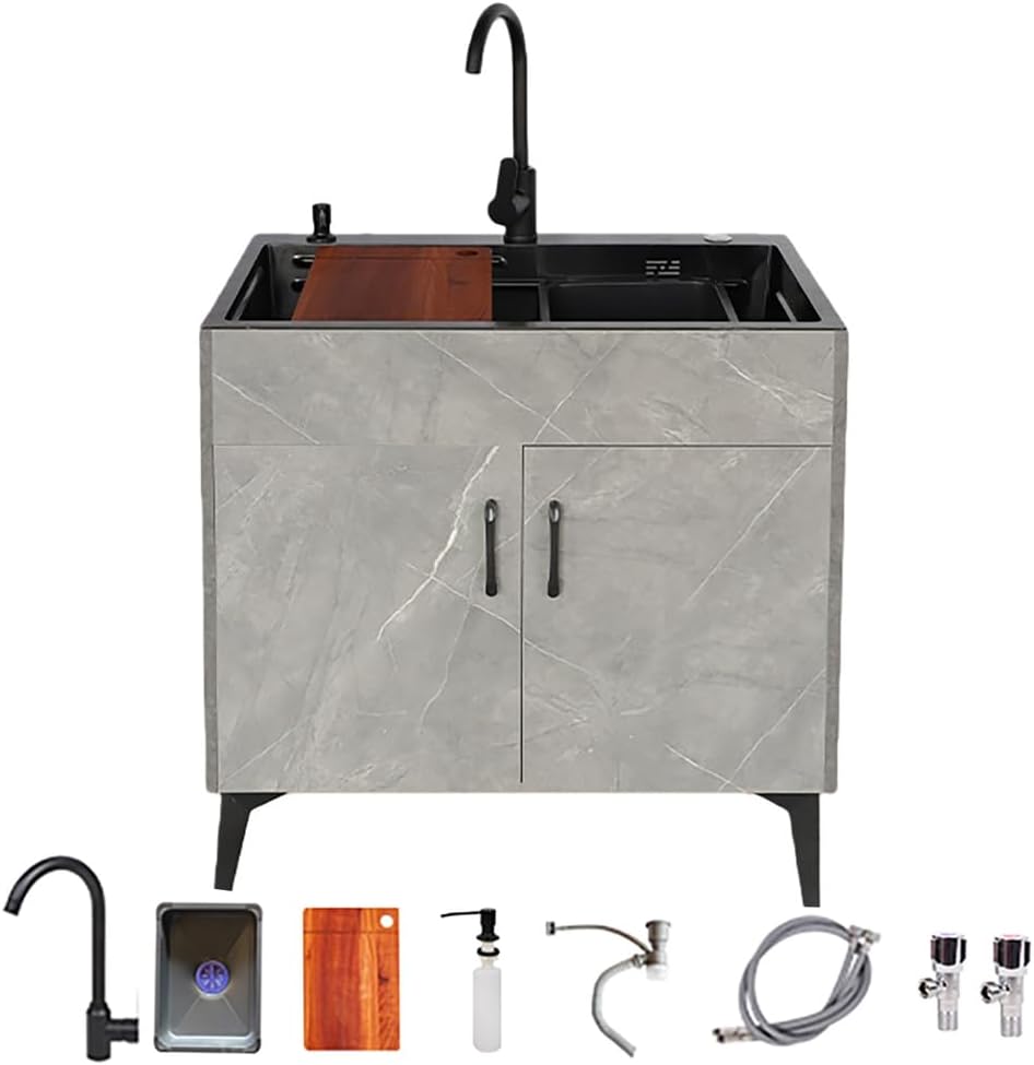 23.6-29.5In with Cabinet Laundry Sink,Freestanding Utility Sink,Stainless Steel Kitchen Sinks with Hot And Cold Water Faucet,for Laundry & Utility Room,Bathroom,Basement,Gray,750 * 450mm