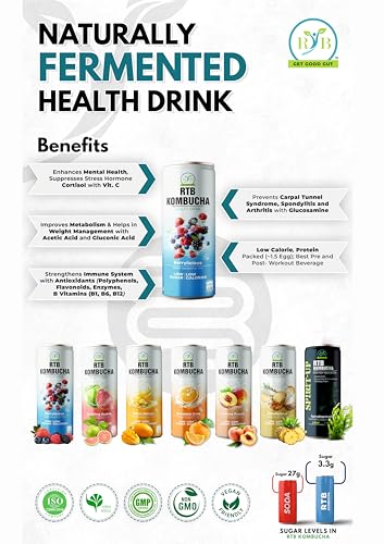 Image of RTB KOMBUCHA Combo of 4-250ml Each (Peach, Orange, Guava, Spirulina) Helps in Immune System & Digestive System(Kombucha Culture, Fruit Pulp & Organic Sugar)