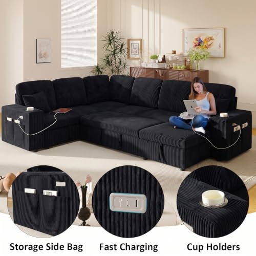 Image of Modular Sectional Sleeper Sofa with Pull Out Bed, 108 Inch U Shaped 7 Seat Couches for Living Room, Chenille Fabric Cloud Couch Bed with Storage, Reclining Backrest, USB Charging, Corduroy