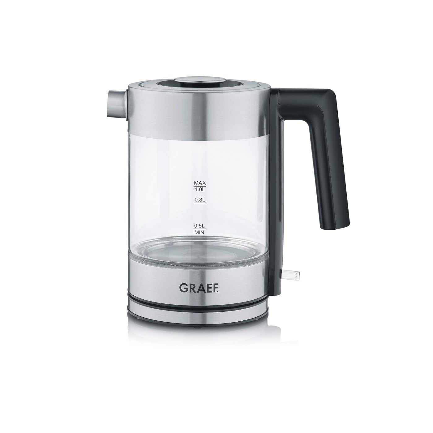 Hervidor de vidrio GRAEF WK300 - hervidor de 1 litro, vidrio SCHOTT DURAN, acero inoxidable, LED, marca de nivel de llenado, base de 360°, filtro antical, potente 2200 vatios