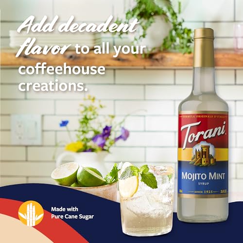 Image of Torani Mojito Mint Syrup for Drinks, Flavoring for Lemonade, Sodas, and Mocktails, Glass Bottle with Pump Included, 25.4 Fl Oz