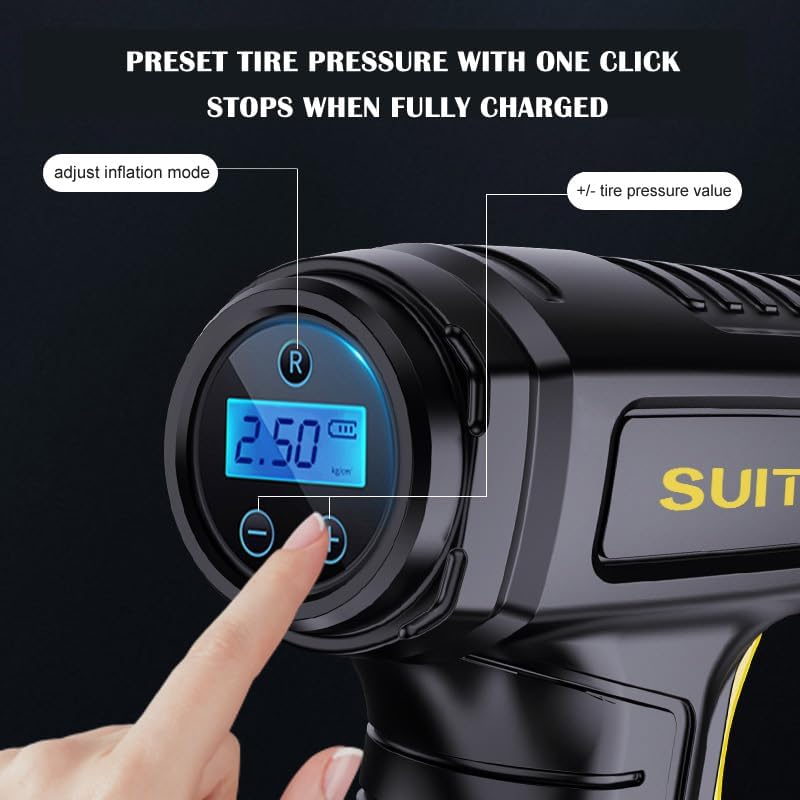 Miniatura 5 de Bomba de inflado de coche inalámbrica, compresor de aire portátil, inflador de neumáticos de 12 V, con indicador digital de presión puntero y luz
