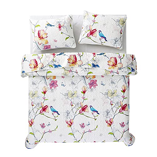 Wake In Cloud - Floral Quilt Set, Botanical Flowers Birds Pattern Printed, 100% Cotton Fabric With Soft Microfiber Inner Fill Bedspread Coverlet Beddings (3Pcs, Twin Size) #TOP2