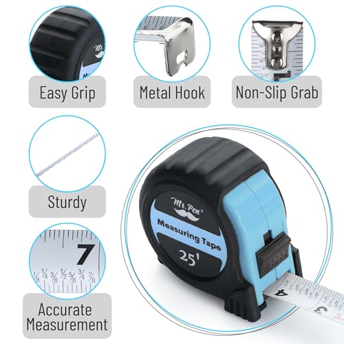 Image of Mr. Pen- Retractable Tape Measure 25 ft, 2 Pack, Sky Blue, Steel Retractable Measuring Tape with Fractions