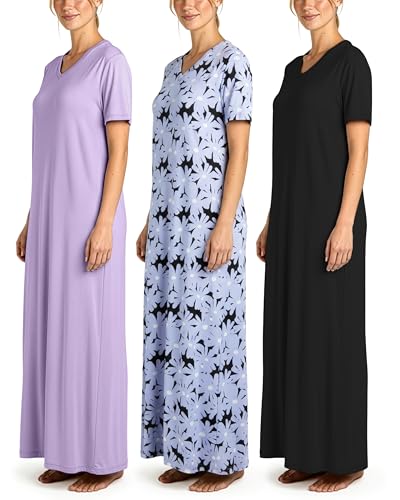 Real Essentials 3 Pack: Women's Soft Maxi Long Nightshirt Short Sleeve Soft Nightgown Sleep Dress (Available in Plus Size), Set 1, 3X-Large