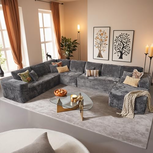 Image of HOOOWOOO Cloud Sectional Couches for Living Room,Modular Sectional Sofa No Assembly,165X110 Inch Plush Corduroy Large U Shaped Floor Couch Set with Deep Seat Chaise Lounge(Gray)