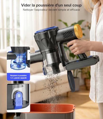Ginaray Aspirateur Balai sans Fil - 580W Aspirateur Électrique Silencieux Puissant, Aspiration Brosse LED Batterie Rechargeable Cordless Vacuum Cleaner pour Poils d’Animaux Tapis Sols Durs – vue 4