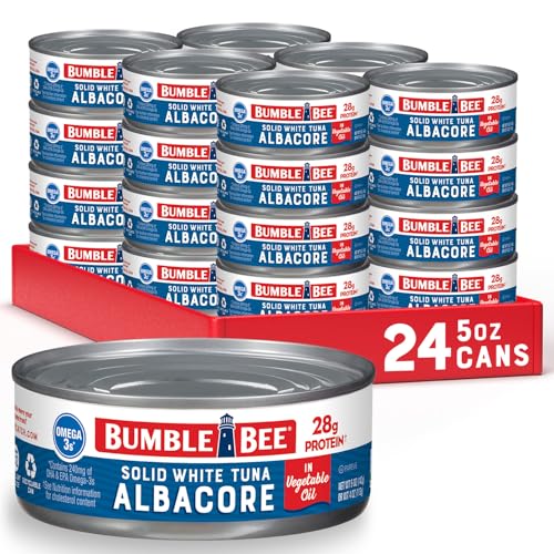 Bumble Bee Solid White Albacore Tuna in Oil, 5 oz Can (Pack of 24) - Wild Caught Tuna - 28g Protein per Serving, High in Omega-3s - Non-GMO Project Verified, Gluten Free, Kosher