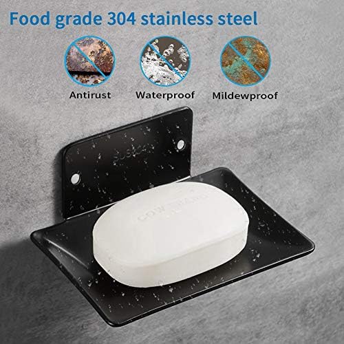 Mczcent Soap Holder Wall Mounted & Self-Adhesive, Stainless Steel Draining Soap Dish Holder for Shower, Rustproof Waterproof Black Soap Tray Rack for Shower Storage Soap(with Beige Soap Saver)