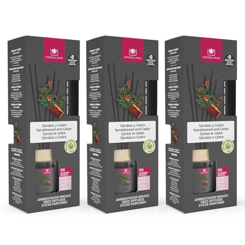CRISTALINAS | Pack 3 Ambientador Mikado | 100% Puro | Larga Duración 8 Semanas | 3x35ml | 0% Alcohol (Sándalo y cedro, 3x35ml)